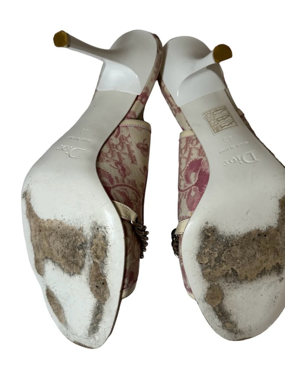 Dior Cream and Pink Logo Canvas Slingback Sandals with Chain Detail - Picture 3 of 3